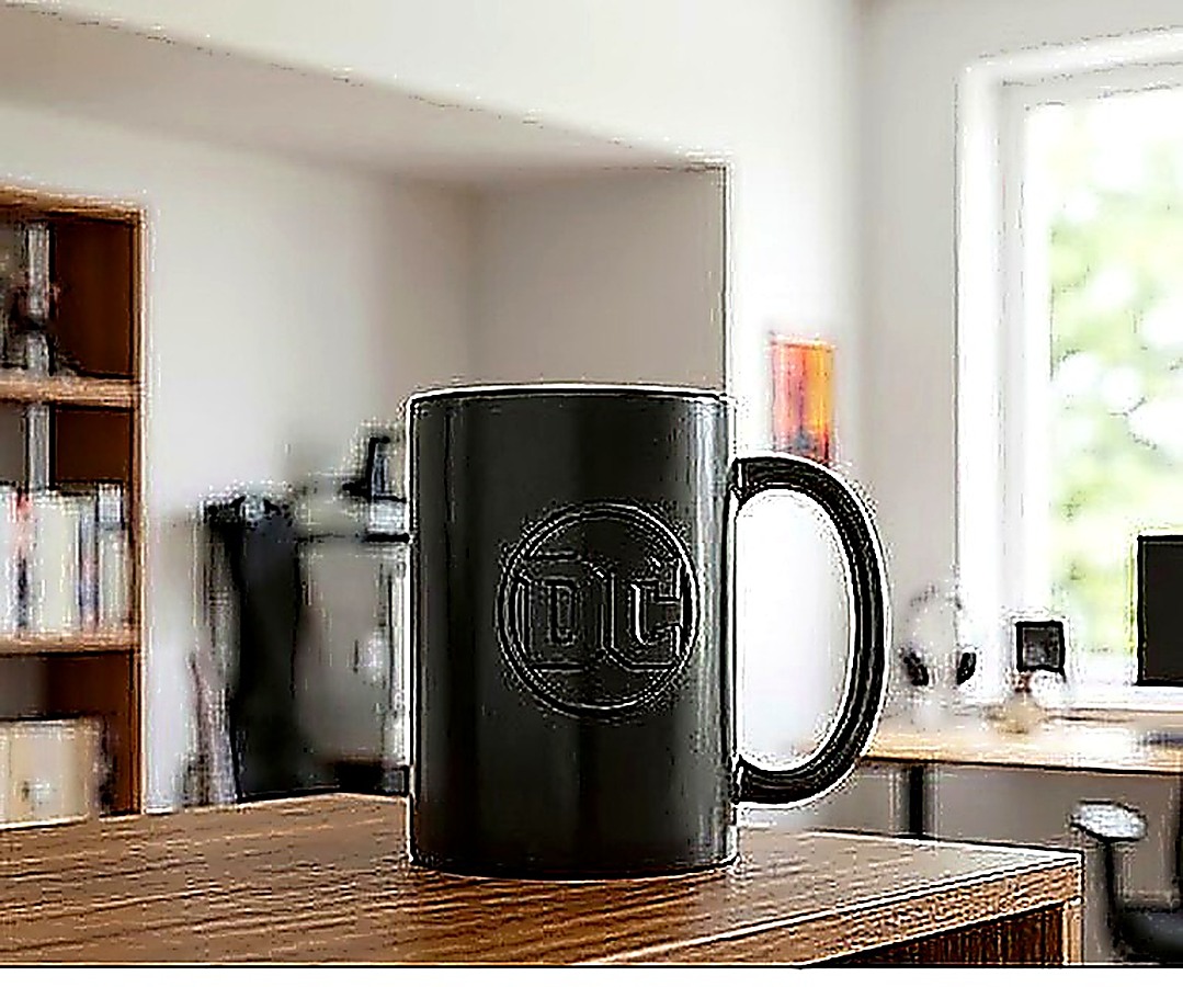 DC embossed mug on a desk